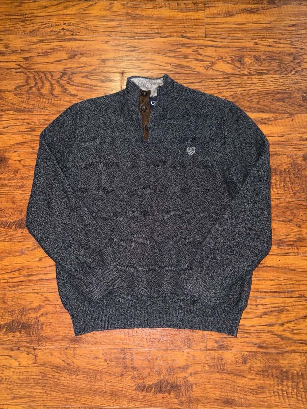 Chaps 1/4 Snap Button Mock Neck Sweater Gray Cotton